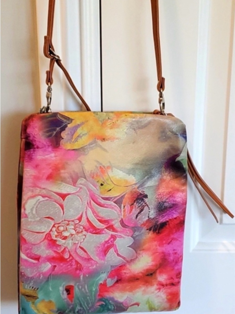 HOBO Multicolor Floral Painted Crossbody with Tan Strap